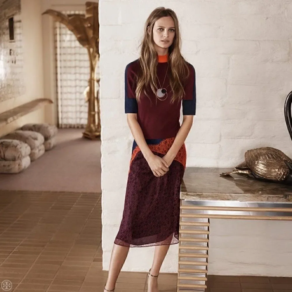 Tory Burch KAISA Blue/Cranberry/Apricot Colorblock Lace Skirt. Size 10. EUC!